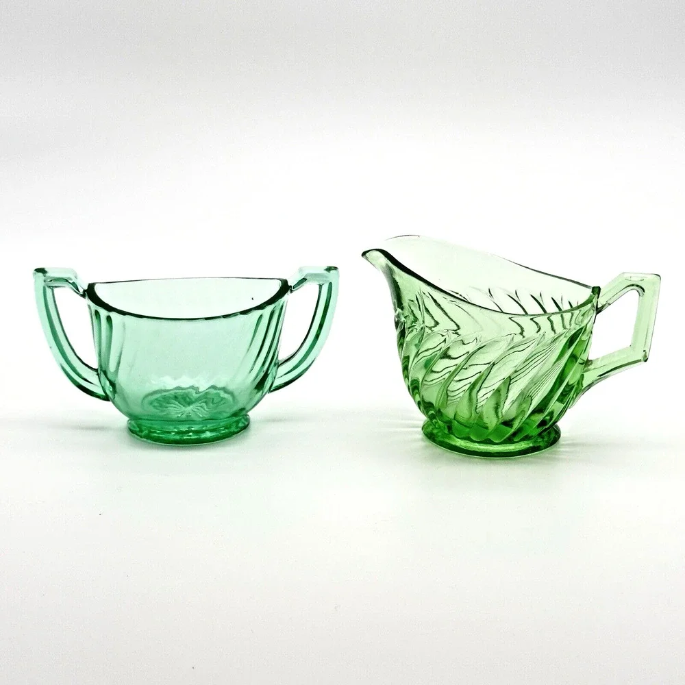 Vintage Imperial Uranium Depression Glass Twisted Optic Open Sugar Creamer READ